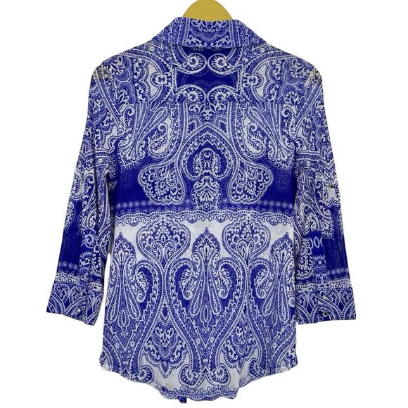 VTG Y2K Fairy Grunge Paisley Mesh Button Front Top Large White Blue Long Sleeve - Picture 3 of 8